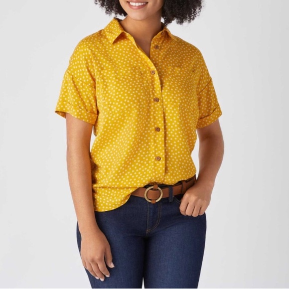 Duluth Trading Company Mustard Yellow Tencel Drop Shoulder Printed Shirt LARGE - Picture 2 of 7